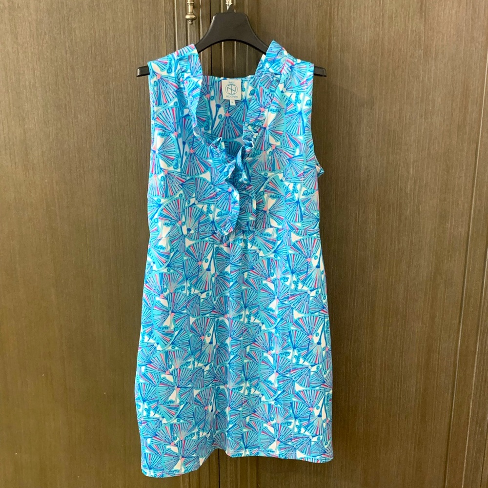 NWOT Tracy Negoshian Blue Pink and White Ruffle Summer Dress Size Medium